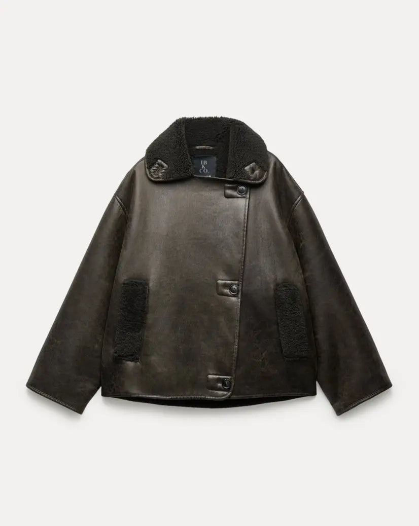Tina - Oversized Leather Teddy Jacket