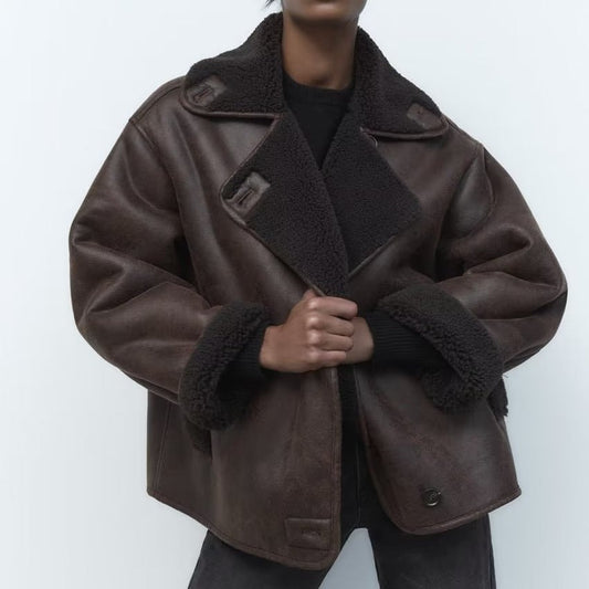 Tina - Oversized Leather Teddy Jacket